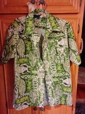 Vintage Caterpillar Green and White Tropical Print Hawaiian Shirt